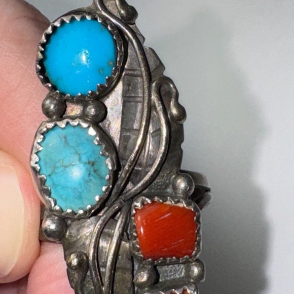 Sterling Silver Turquoise And Coral Ring, Size 9 - Picture 10 of 14